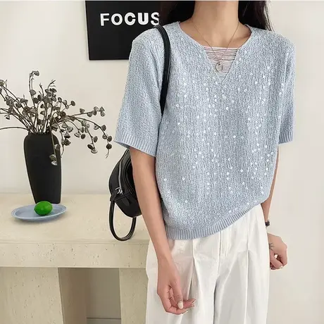 设计感小众天丝针织短袖t恤女2025新款夏季韩系宽松显瘦打底上衣图片