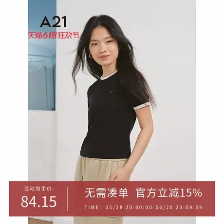 A21女装微弹拼接圆领短款T恤2025春季新款设计感小众修身套头上衣图片