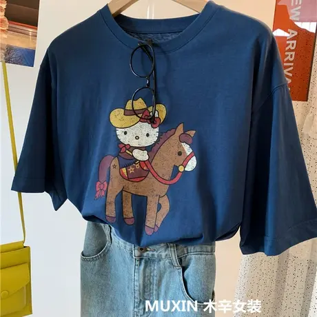 kitty猫印花复古时尚夏韩版宽松凉感雪花棉薄款柔软休闲短袖T恤女商品大图