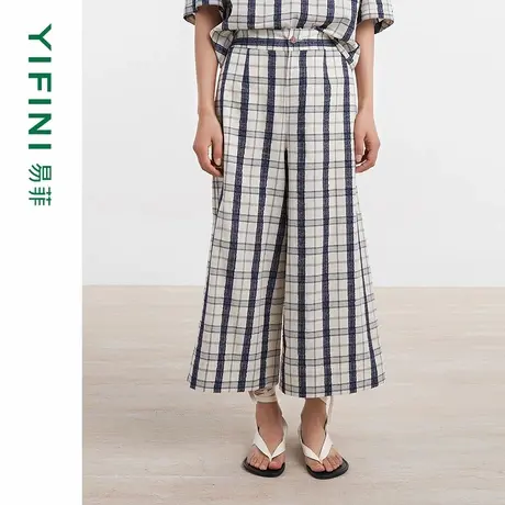 [专柜同款]Yifini/易菲宽松时尚木棉格纹裙裤休闲八分裤D04K1041商品大图