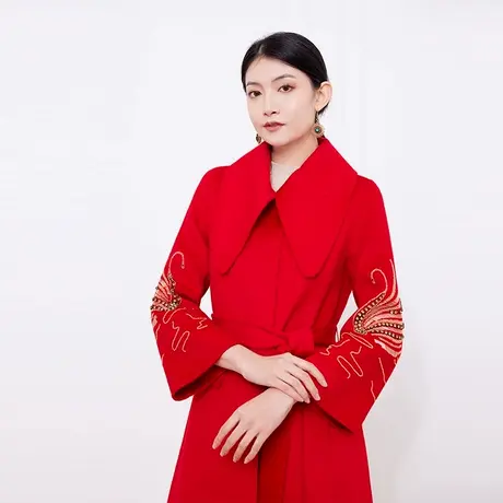 希区瑞普天鹅镶珠重工订珠轻奢刺绣时尚系带羊毛呢大衣图片