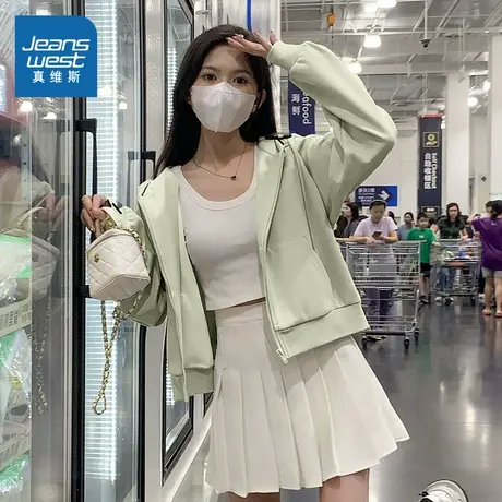 KMV真维斯灰色连帽外套女2025秋季爆款宽松大码小个子短卫衣开衫商品大图