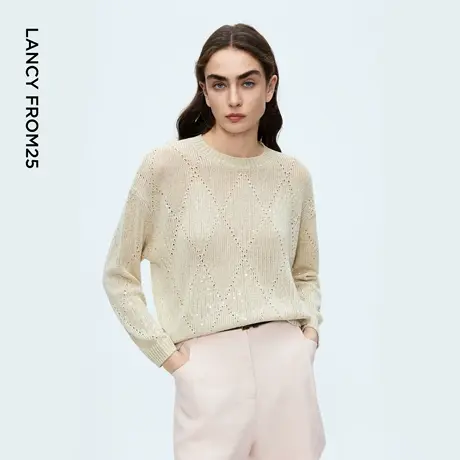 朗姿镂空菱格羊毛针织衫羊毛衫设计感圆领宽松2025年秋季新款商品大图