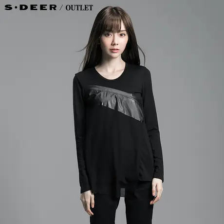 【新品】sdeer圣迪奥专柜正品春装女装皮质雪纺拼接上衣4380204图片