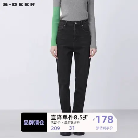 sdeer圣迪奥女装时尚插袋铆钉黑色牛仔长裤S21480830图片