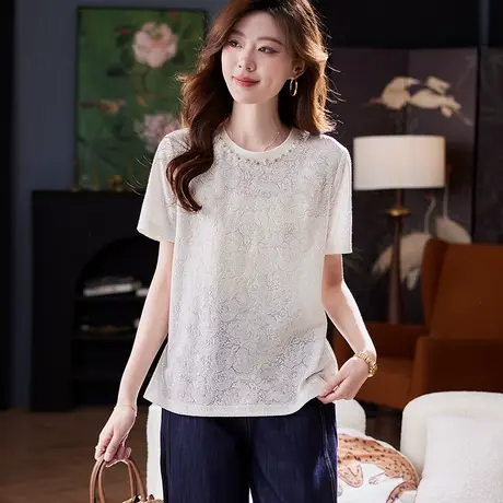 宝诗黎圆领钉钻提花白色短袖T恤2025夏季韩版简约百搭休闲棉上衣商品大图