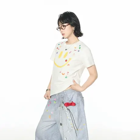 2025夏季新款正肩短款笑脸印花短袖T恤女ins甜酷辣妹风修身上衣潮商品大图