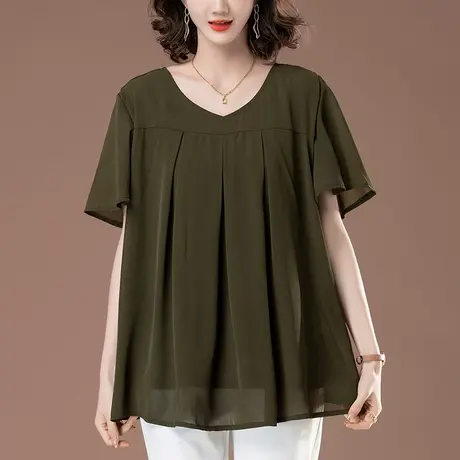 中年妈妈雪纺衫短袖女夏季宽松加肥加大码女装中长款遮肚显瘦小衫图片