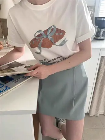 韩国东大门2024夏装新款小众蝴蝶结牛角包印花短袖T恤女百搭上衣商品大图