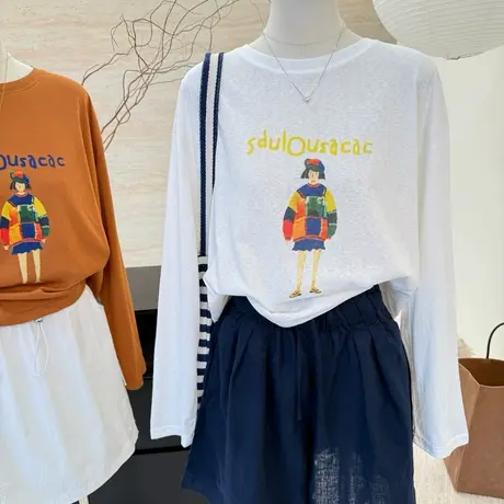 夏季新款韩系卡通印花长袖T恤女薄款亲肤凉感宽松防晒衫凉感上衣图片