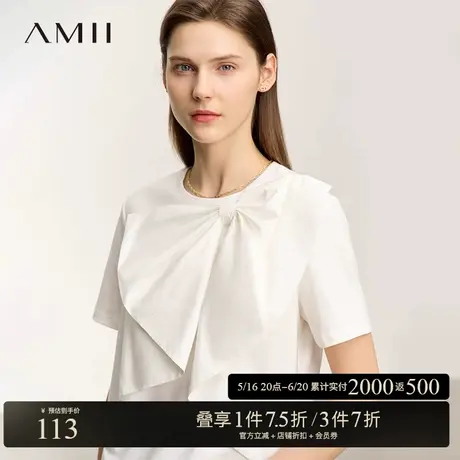 Amii2025夏新款减龄蝴蝶结圆领短袖T恤宽松休闲上衣设计感女小众图片