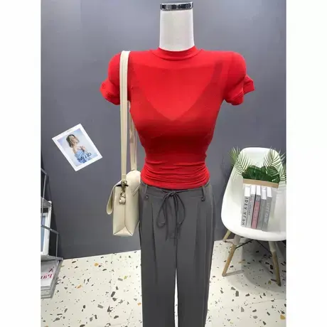 ins超火~网红薄款透视亲肤圆领短袖T恤女紧身性感显胸打底衫上衣图片