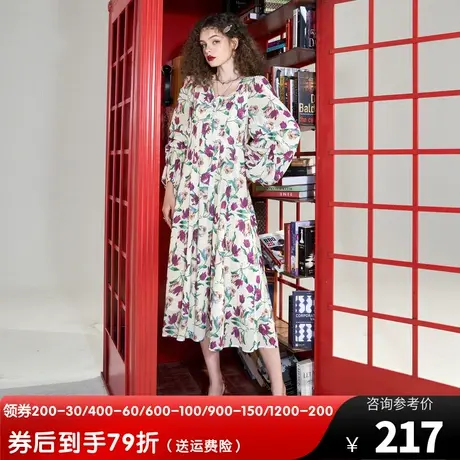 妖精的口袋v领碎花连衣裙女2023春秋新款长袖收腰显瘦度假风裙子商品大图