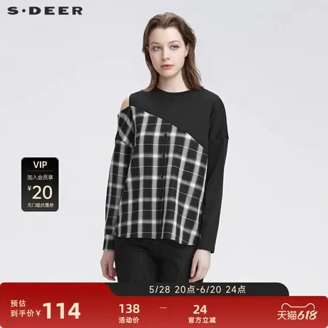 sdeer圣迪奥女装圆领拼接格纹露肩不规则长袖T恤S22180210图片