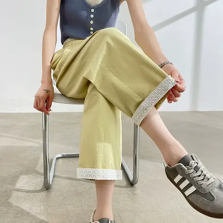 蕾丝拼接哈伦裤女夏季薄款高腰宽松抗皱小个子八九分直筒休闲裤子商品大图