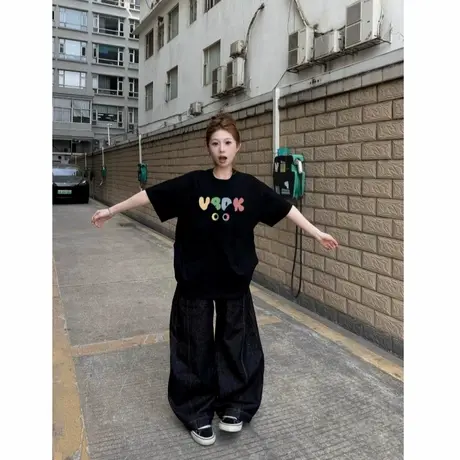 黑色卡通纯棉短袖t恤女装2025年夏季新款设计感小众宽松大码上衣图片