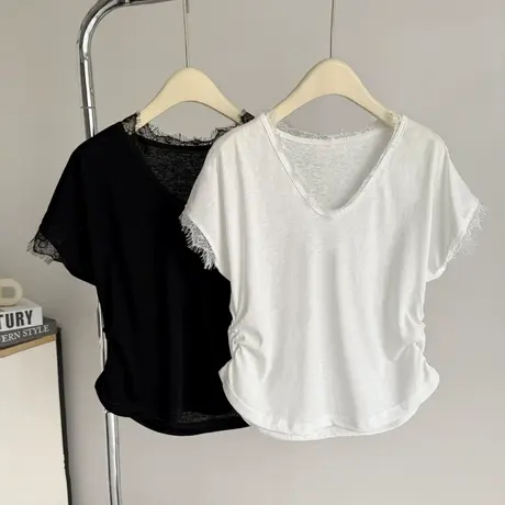 设计感小众V领正肩短袖T恤女夏季宽松内搭打底衫韩版蕾丝花边上衣图片