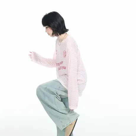 美式潮牌宽松条纹轻薄长袖罩衫女夏季2025新款慵懒风印花T恤上衣图片