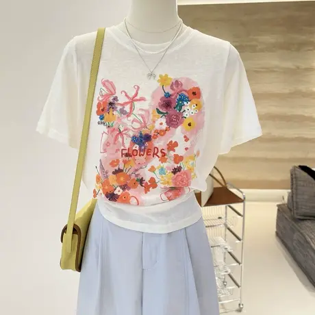 夏季韩系百搭设计感高级花朵装饰钉珠薄款雪花棉短袖打底T恤女商品大图