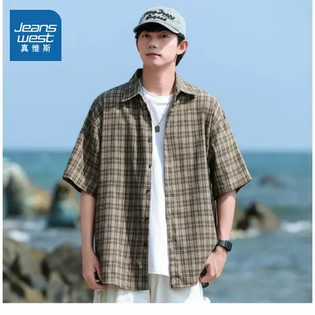 KR真维斯男装2025夏季新款 复古格子短袖上衣男士潮牌宽松衬衫商品大图