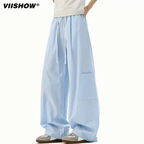 VIISHOW美式褶皱纯棉工装裤男士秋季新款宽松直筒阔腿休闲长裤子商品大图
