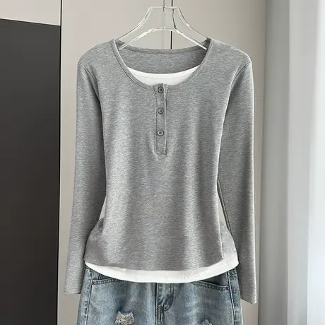 KV真维斯假两件长袖t恤女2025新款 秋冬季内搭打底衫宽松可外穿上图片