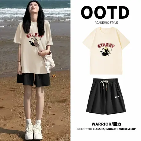 回力休闲运动套装女夏季2025新款华夫格短袖短裤穿搭一整套两件套图片