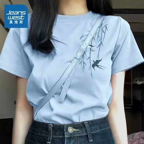 NOB真维斯纯棉短袖t恤女2025新款夏季新中式国风女装正肩蓝色上衣商品大图