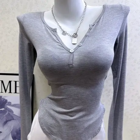 辣妹性感半开领长袖T恤女秋冬新款设计感紧身纯欲上衣收腰打底衫图片