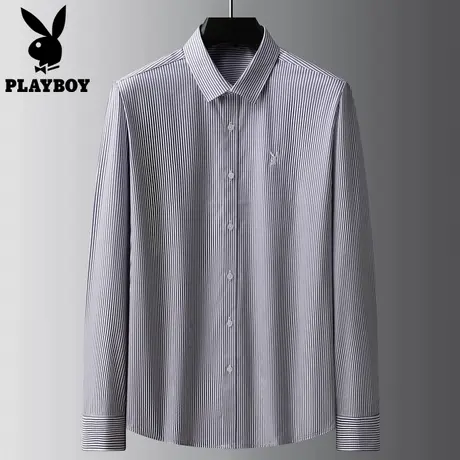 【竹浆纤维】花花公子新款灰色蓝色条纹衬衫男款免烫高级感四季款图片