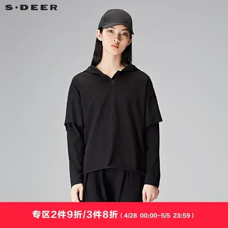 sdeer圣迪奥秋装帅气街头酷黑连帽长袖针织卫衣外套女S18182208图片