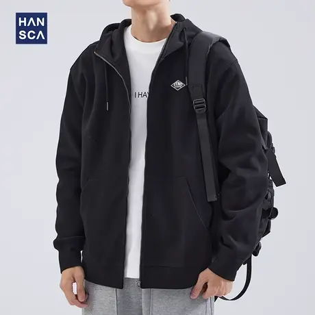 hansca重磅连帽卫衣男宽松大码春季新款美式休闲黑色运动开衫外套商品大图