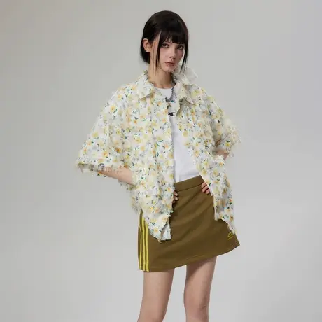 潮牌设计感碎花衬衫女2025新款夏季毛边短袖衬衣宽松oversize上衣图片