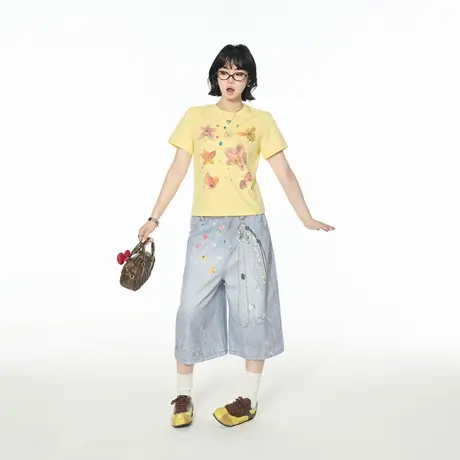 2025夏季新款修身正肩短款印花短袖T恤女甜辣ins少女风半袖上衣图片