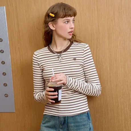 a02甜美风通勤条纹长袖T恤女2025春季新款圆领修身打底衫上衣商品大图