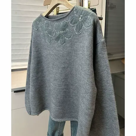 洋气亮片圆领套头毛衣女宽松设计感长袖针织衫女装图片