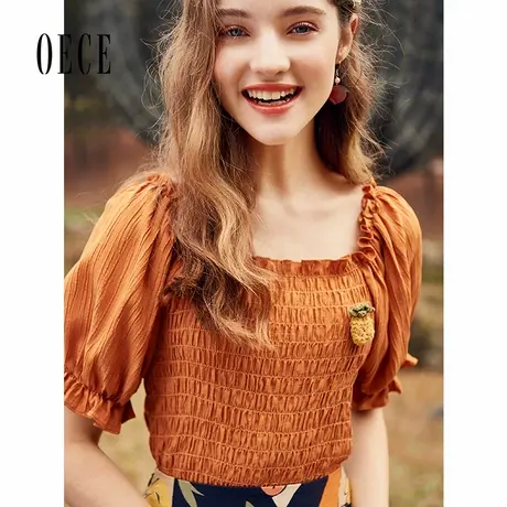 Oece夏装新款女装 少女方领复古减龄短袖雪纺上衣衬衫商品大图