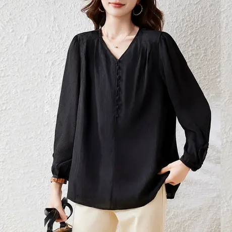 V领雪纺衬衫女春秋新款宽松加肥大码女装胖MM遮肚子减龄长袖上衣商品大图