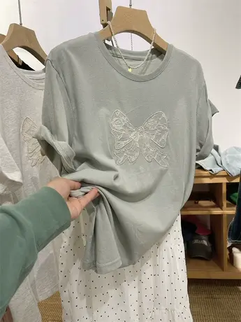 韩系chic刺绣蕾丝蝴蝶结印花减龄正肩短袖圆领T恤女宽松百搭上衣商品大图