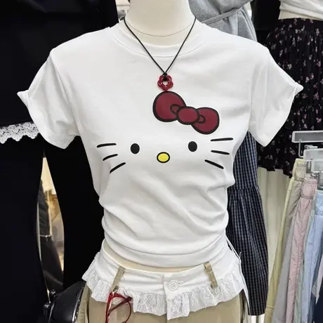 韩系Kitty猫印花修身短袖t恤女2025夏季新款显瘦短款正肩辣妹上衣图片