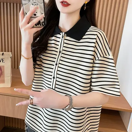 条纹短袖t恤女2025新款夏季韩版宽松大码设计感小众polo领上衣服商品大图