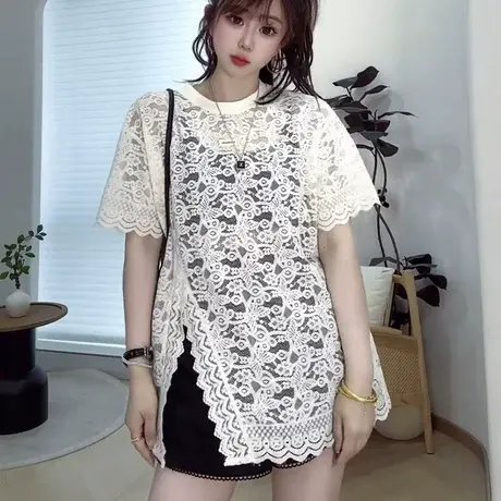 法式蕾丝提花镂空短袖t恤女夏季设计感宽松开叉独特漂亮罩衫上衣图片
