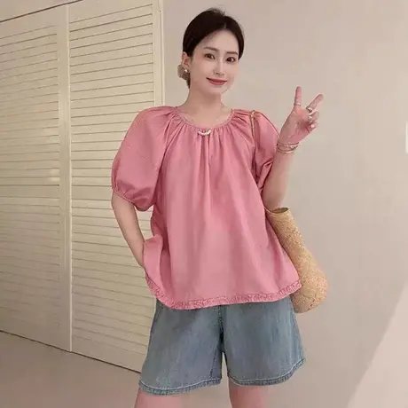 短袖棉麻衬衫女2025夏法式气质褶皱泡泡袖小衫时尚百搭娃娃衫上衣商品大图