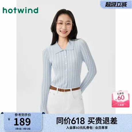 热风女装打底衫25春新款女士轻薄竖条针织衫蓝白条纹打底上衣商品大图