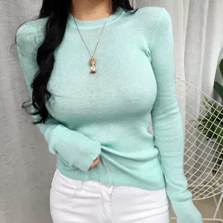 韩国东大门2021秋季新款修身百搭薄荷色长袖针织衫女打底衫上衣潮商品大图