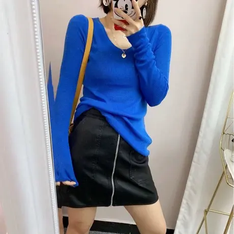 羊毛针织打底衫女2021秋冬款韩版时尚糖果色修身内搭薄款打底毛衣商品大图