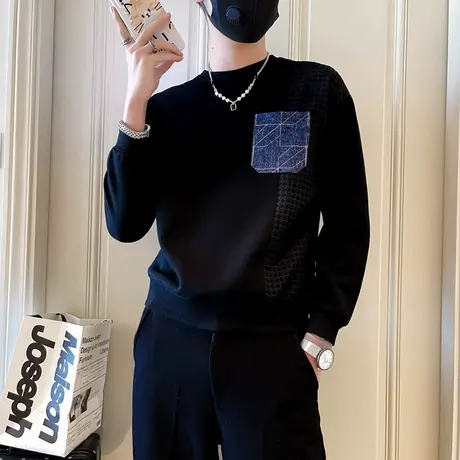 卫衣男秋季2023新款个性撞色口袋拼接设计感网红内搭长袖T恤上衣商品大图