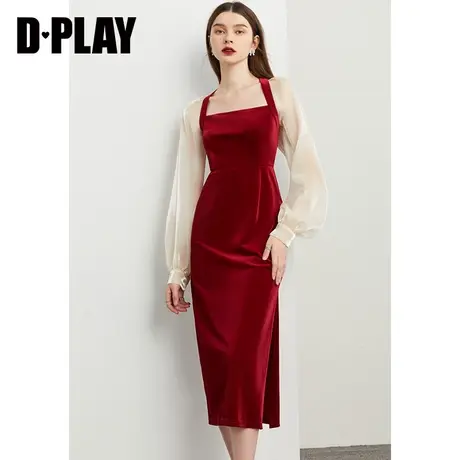 DPLAY春法式酒红拼杏美背方领鎏光纱丝绒开衩连衣裙敬酒服商品大图