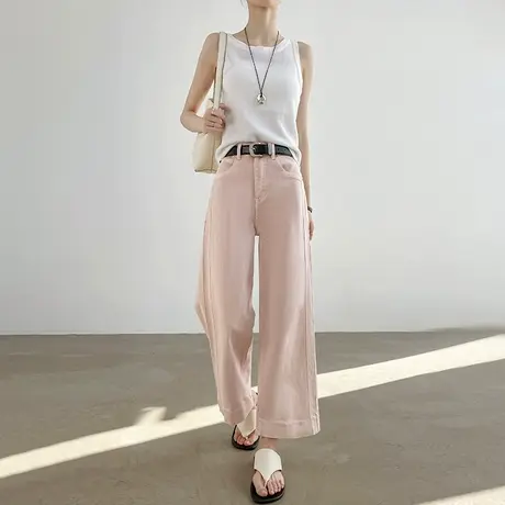 九分粉色天丝牛仔裤女夏季薄款高腰直筒八分小个子莱赛尔阔腿裤子商品大图