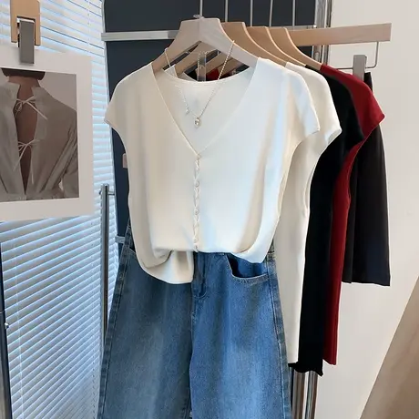 v领飞飞袖冰丝针织开衫女2025夏装新款内搭上衣外穿短袖薄t恤衫潮商品大图